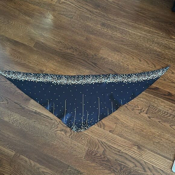 Vintage mid century black, white & gold polyester head scarf - Picture 3 of 6